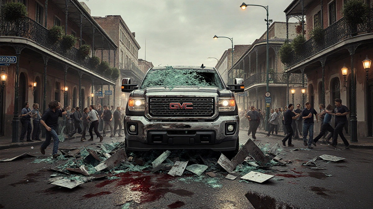 Pickup truck dominating the scene with shattered glass and metal debris and fleeing crowds on Bourbon Street.