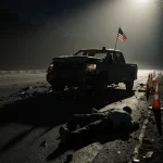 Pickup truck wreckage resting with shattered headlights and twisted metal beside a crumpled pedestrian on the asphalt at acci