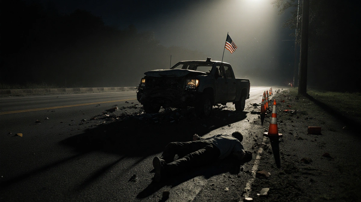 Pickup truck wreckage resting with shattered headlights and twisted metal beside a crumpled pedestrian on the asphalt at acci