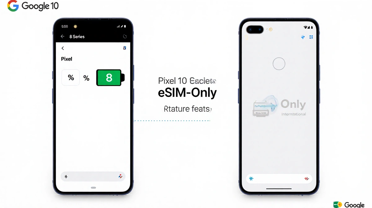 Infographic comparing Pixel 10 eSIM-only with international model using split-screen layout with battery icons and labels