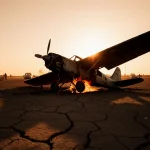 Charred plane lies on its side with twisted wings and flames on engine near a farmhouse and emergency vehicles.