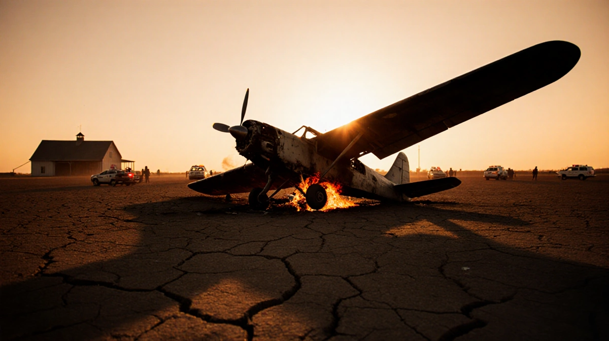 Charred plane lies on its side with twisted wings and flames on engine near a farmhouse and emergency vehicles.