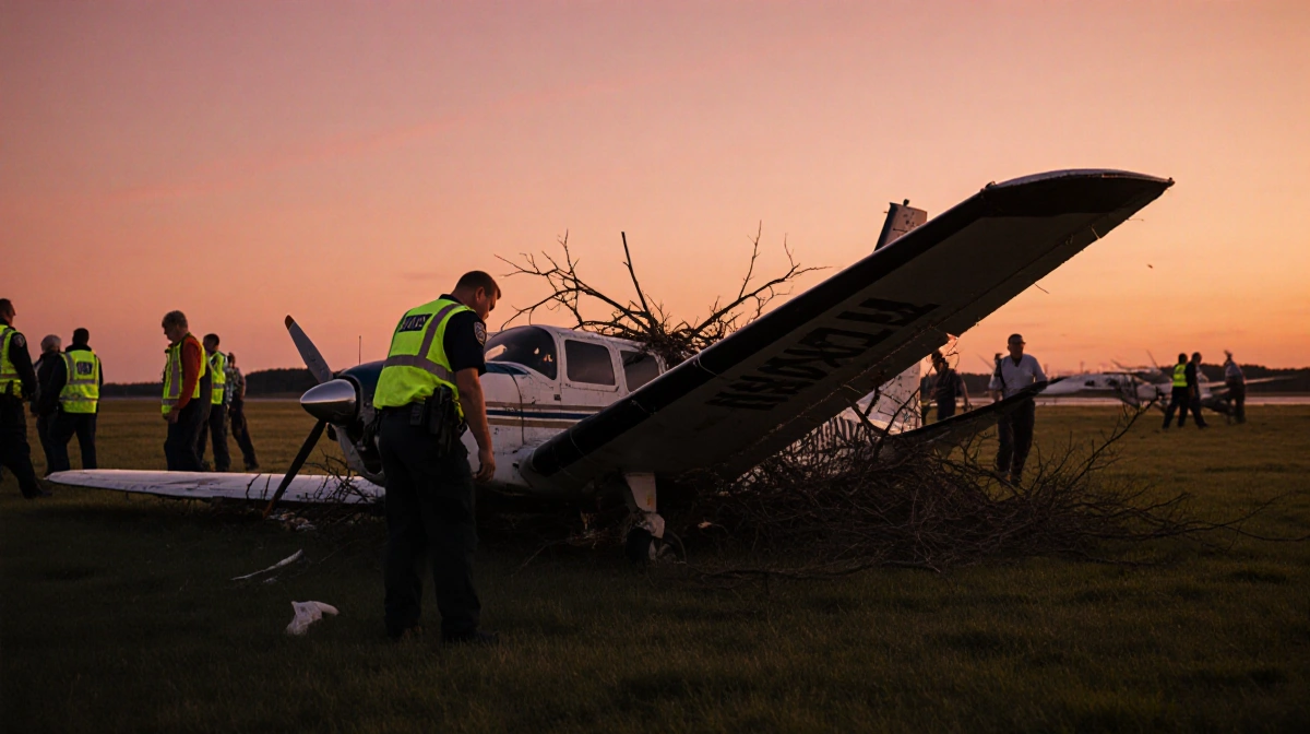 Police officer examining plane wreck with wing tangled in branches and passengers escorted by staff under orange-pink dusk sk