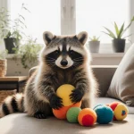 Raccoon sits on couch holding plush toy with sunlight streaming through window and plants nearby