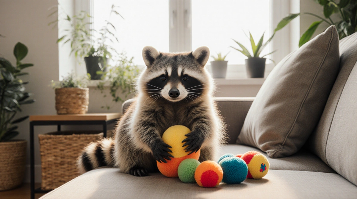 Raccoon sits on couch holding plush toy with sunlight streaming through window and plants nearby