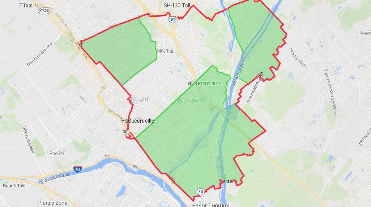 Map highlights affected area in Pflugerville with green residential zones and red lines near SH 130 Toll and TX-45 Toll