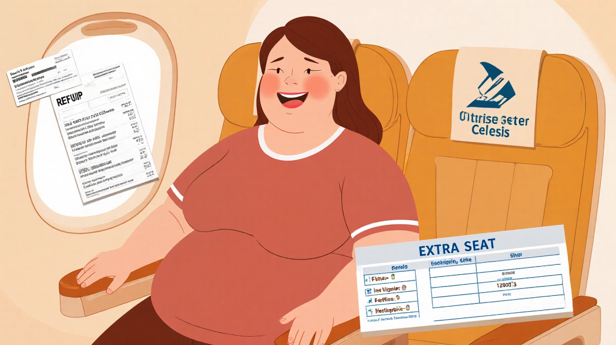 Plus-size passenger smiles relieved in an airplane seat beside extra seat labeled 'Extra Seat' with a boarding pass nearby.