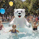 Children and adults splashing into Barton Springs Pool with polar bear mascot and balloons during New Year celebration