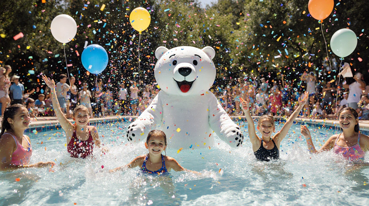 Children and adults splashing into Barton Springs Pool with polar bear mascot and balloons during New Year celebration