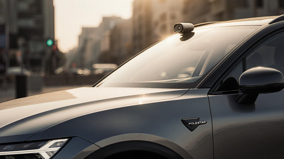 Polestar 4 parked with golden light illuminating its sleek roof and digital rearview mirror against a blurred urban backdrop