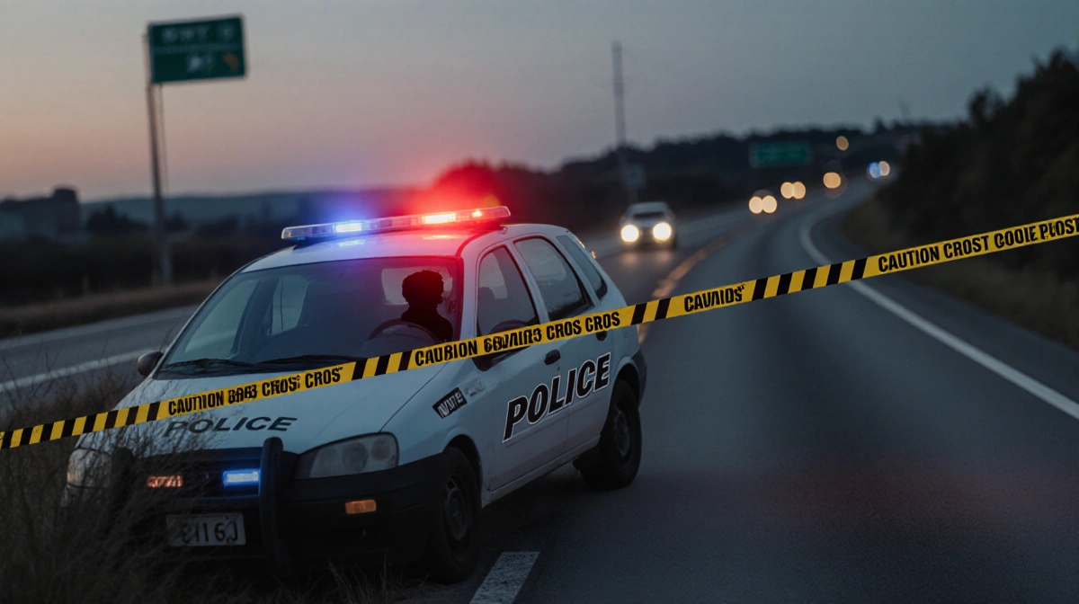 Police car flashing lights with caution tape and a faint driver silhouette on a quiet dusk road