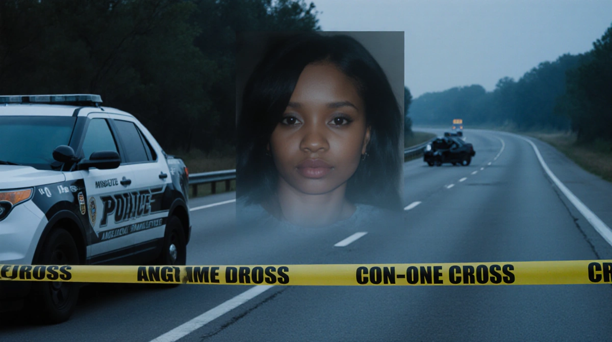 Police car parking by highway with yellow crime tape and blurred face of Angelicque Bramlett in background and subtle crash s