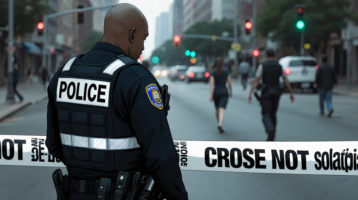 Police officer stands near white crime tape on a city street in south Austin with blurred pedestrians.