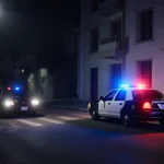 Police car blocks burglar getaway with flashing lights in nighttime cityscape and illuminated building.