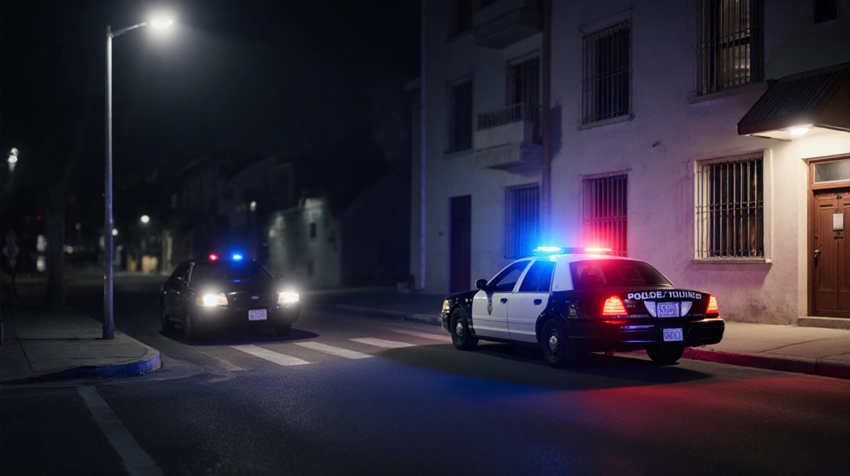 Police car blocks burglar getaway with flashing lights in nighttime cityscape and illuminated building.