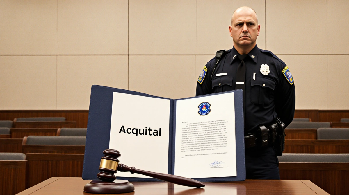 Police officer standing in empty courtroom with judge's gavel and open folder showing Acquittal