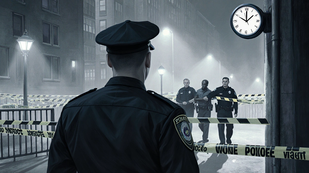 Police officer standing in front of secured perimeter with 10:00 AM clock and suspect being led away