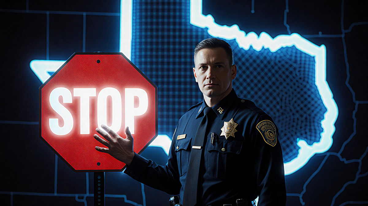 Police officer standing confidently with hand on stop sign glowing blue near Texas map.