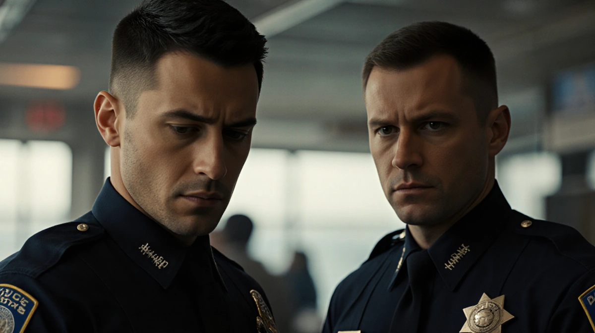 Two police officers facing each other with tension showing between them and station activity blurred behind