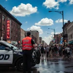 Police officer in red vest standing beside a police car with APD logo on a downtown street with neon and people looking up