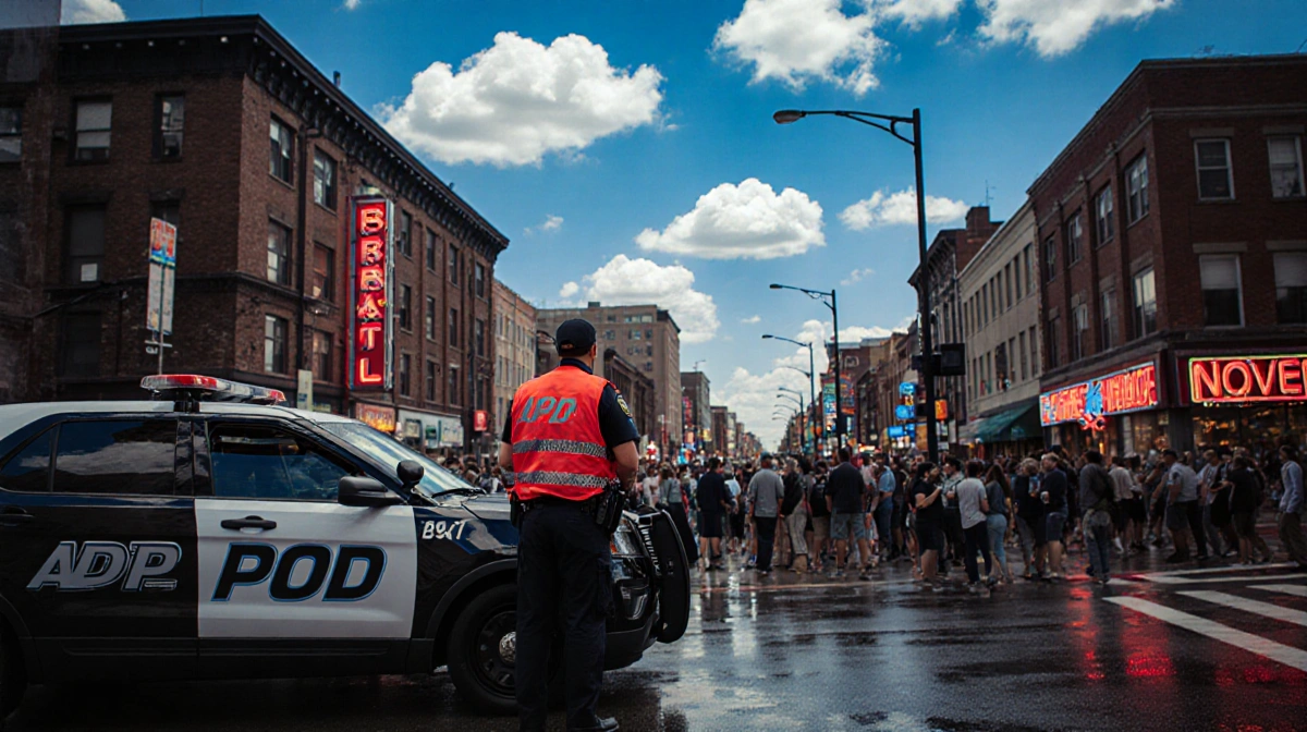 Police officer in red vest standing beside a police car with APD logo on a downtown street with neon and people looking up