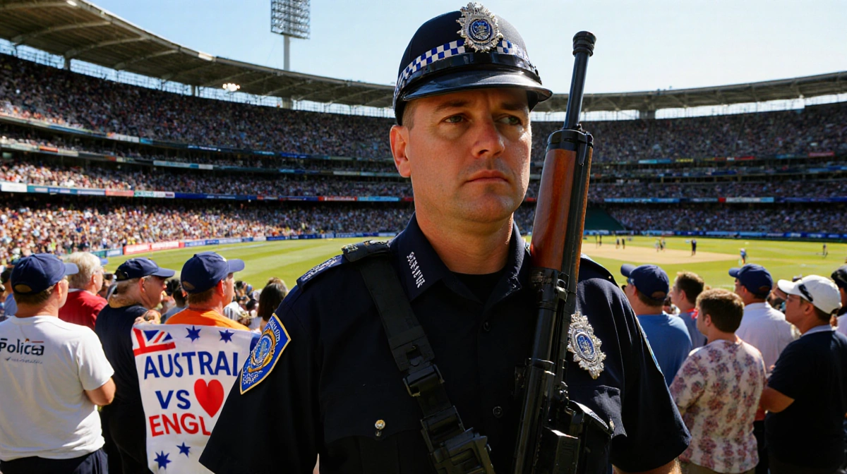 Police officer standing at attention with rifle near Sydney Cricket Ground while fans hold Australia vs England banners
