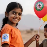 Girl smiles while holding recovering child with balloon wearing orange tee with polio vaccination sticker Pakistan