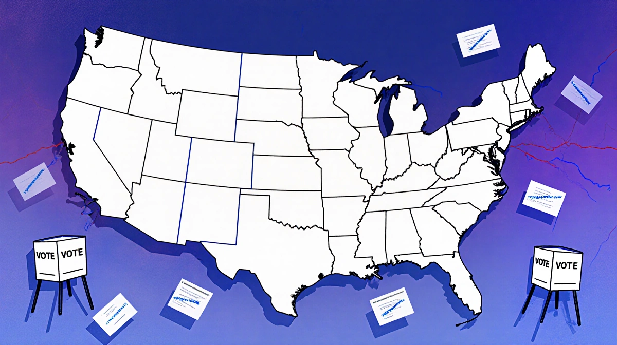 Redistricting lines crisscross a blue-purple map with empty voting booths showing cancelled ballots and illustrating GOP decl