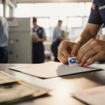 Postal worker affixing a postmark stamp to an envelope with soft natural light and a busy USPS counter in background.
