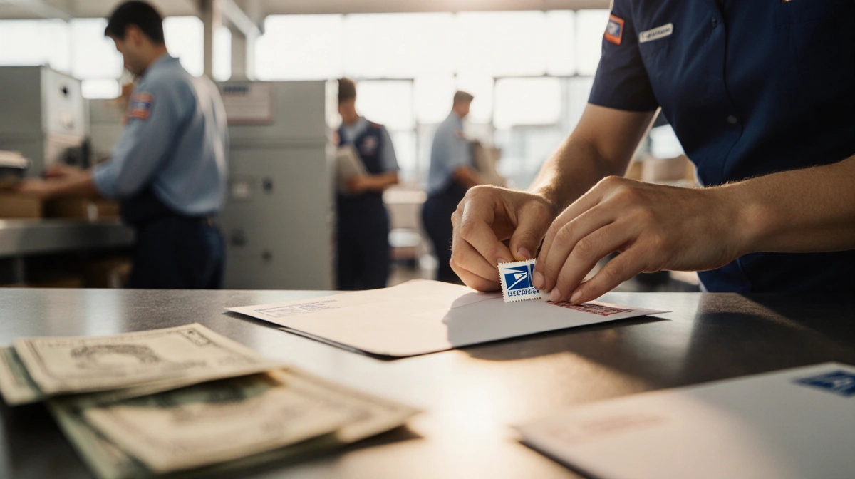 Postal worker affixing a postmark stamp to an envelope with soft natural light and a busy USPS counter in background.