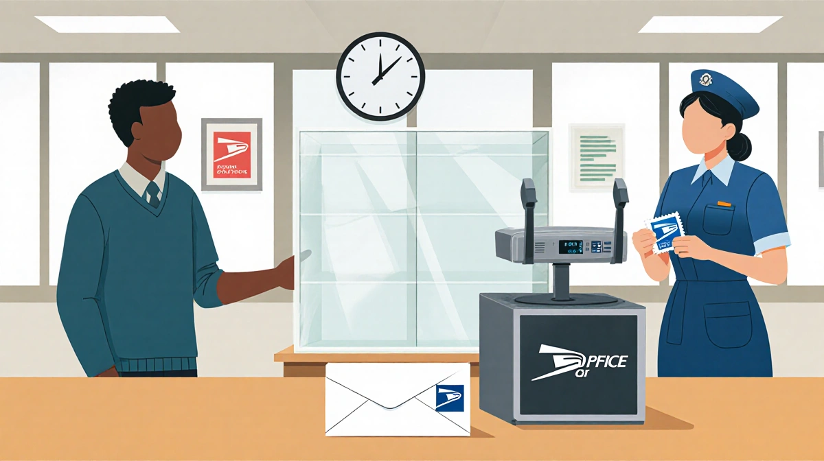 Postal worker handing stamp to customer with envelope on scale and clock behind