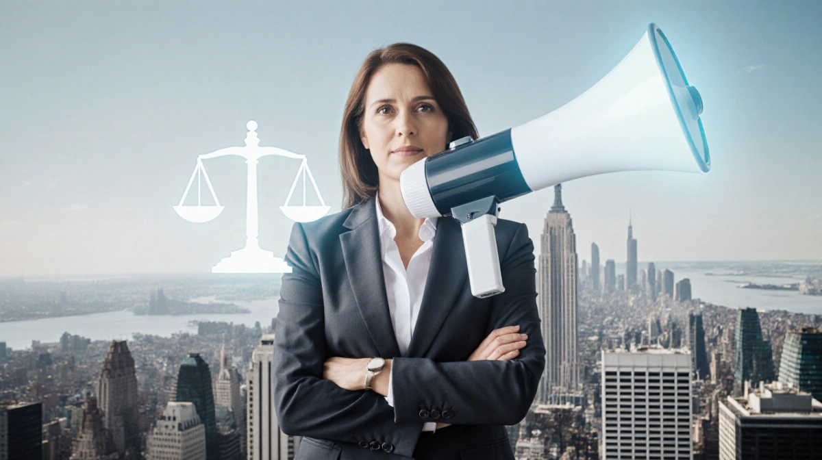Legal director woman stands holding megaphone with arms crossed pointing toward a city skyline justice gavel overlay