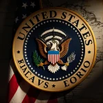 Presidential Seal turning with American flag behind and vintage Venezuelan map backdrop