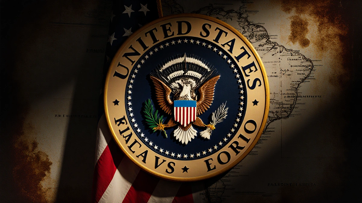 Presidential Seal turning with American flag behind and vintage Venezuelan map backdrop