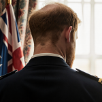 Prince Harry standing proudly in military uniform with warm light from window illuminating his profile and blurred background