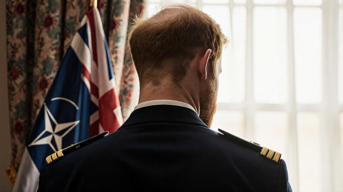 Prince Harry standing proudly in military uniform with warm light from window illuminating his profile and blurred background