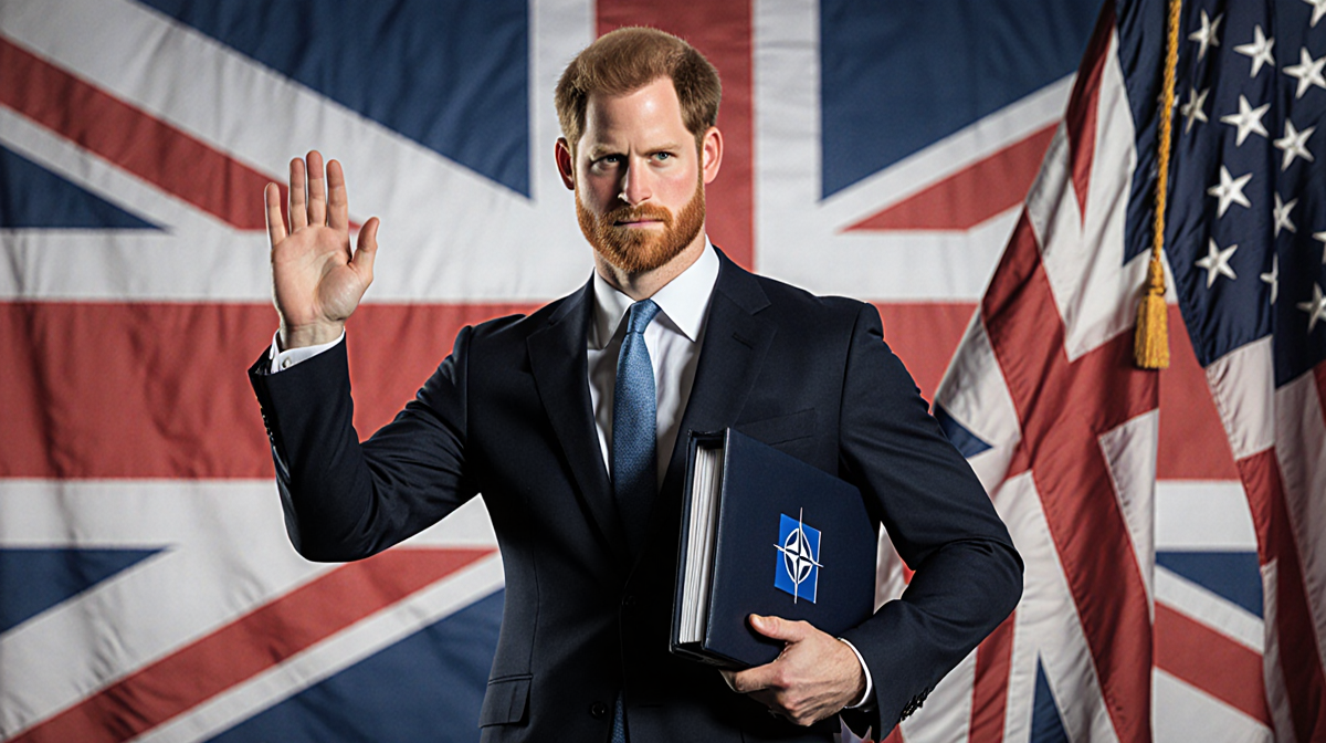 Prince Harry stands with a briefcase in left hand and raised right hand near Union Jack, subtle American flag in background.