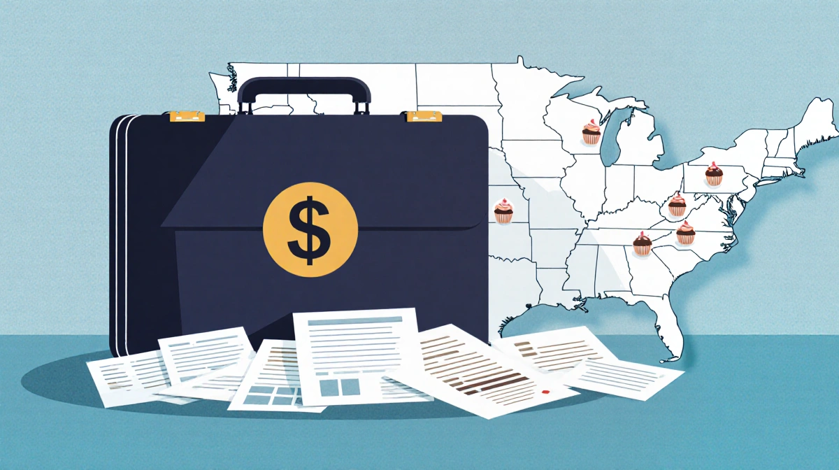 Briefcase sits atop pile of documents with dollar sign logo of private equity on US map showing Sprinkles Cupcakes locations.