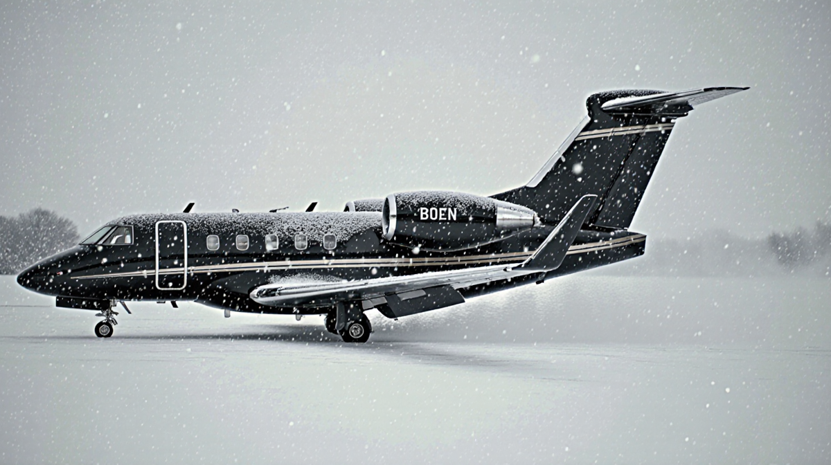 Private jet soaring through snowstorm with blurring background and falling flakes