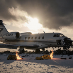 Private jet crash wreckage spreads across the snow‑covered runway with a golden sunlit glow and looming dark clouds