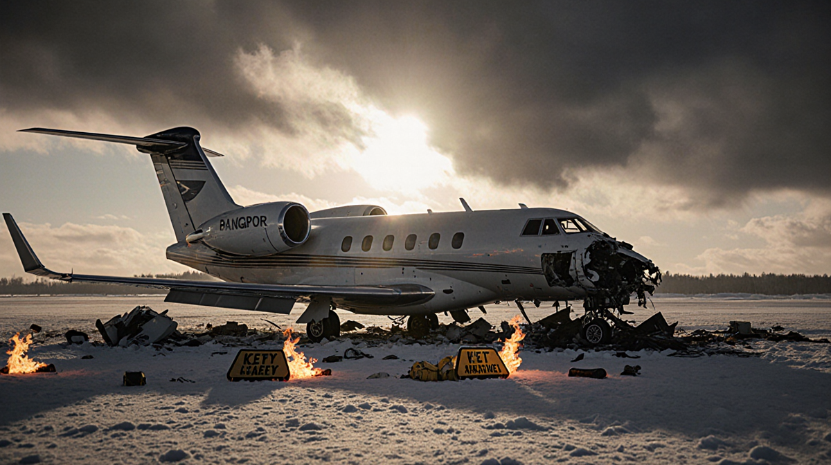 Private jet crash wreckage spreads across the snow‑covered runway with a golden sunlit glow and looming dark clouds