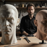 Prosthetic model rests on wooden bench with scattered tools and a subtle observer in background.