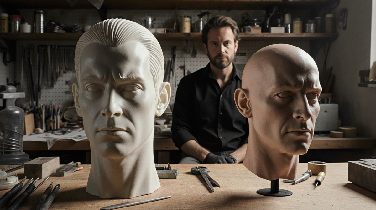 Prosthetic model rests on wooden bench with scattered tools and a subtle observer in background.