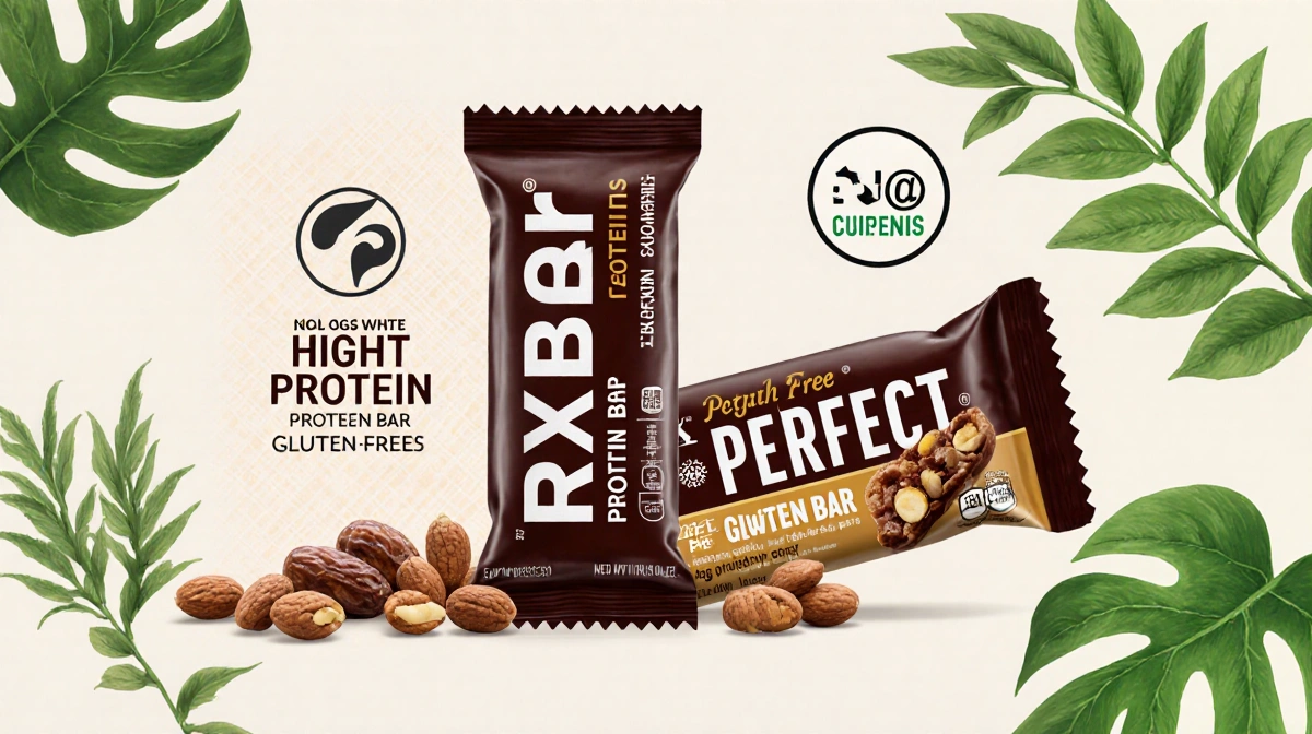 RxBar featuring egg white and date pattern and David's Protein Bar high-protein icon and Perfect Bar gluten-free symbol