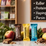 Protein bars arranged on marble countertop with fresh fruit and leafy plants in a wellness store.