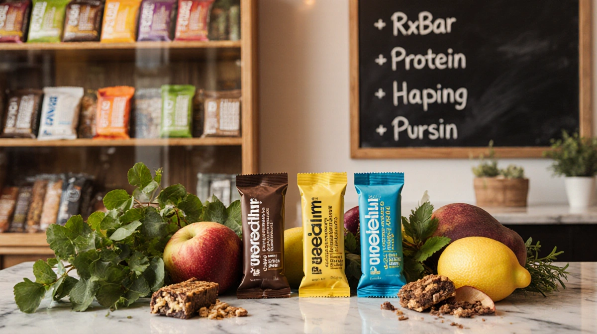 Protein bars arranged on marble countertop with fresh fruit and leafy plants in a wellness store.