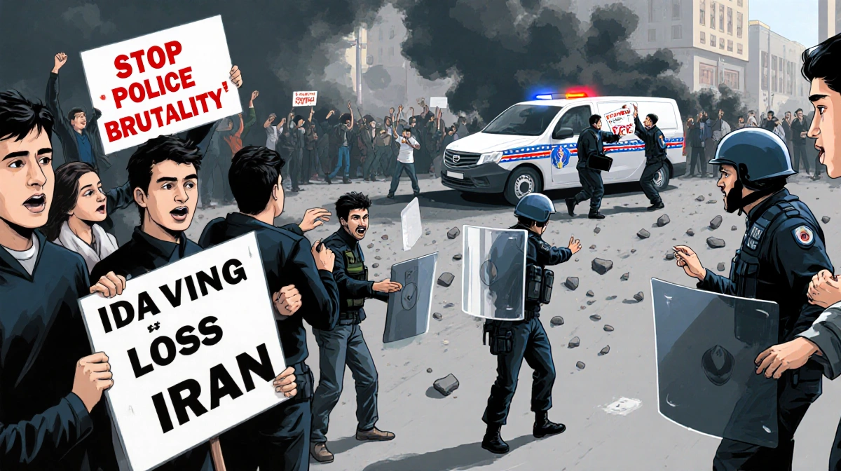 Basij member standing alone with protest sign amid chaotic protest with stone throwers and police van