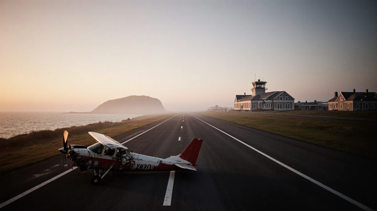 Wrecked small plane lies on runway at Provincetown Airport with misty haze and Cape Cod peninsula visible