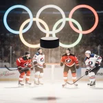 Puck dropping onto Canadian ice with Olympic hockey players looking up and warm glow from rink edge.