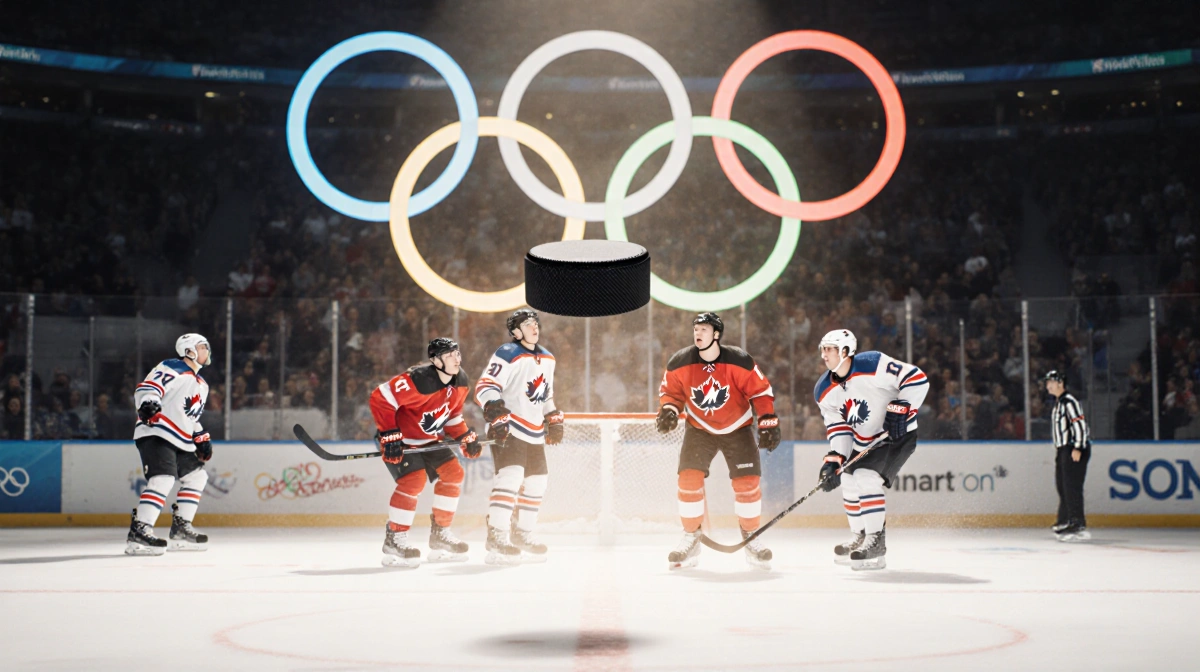 Puck dropping onto Canadian ice with Olympic hockey players looking up and warm glow from rink edge.